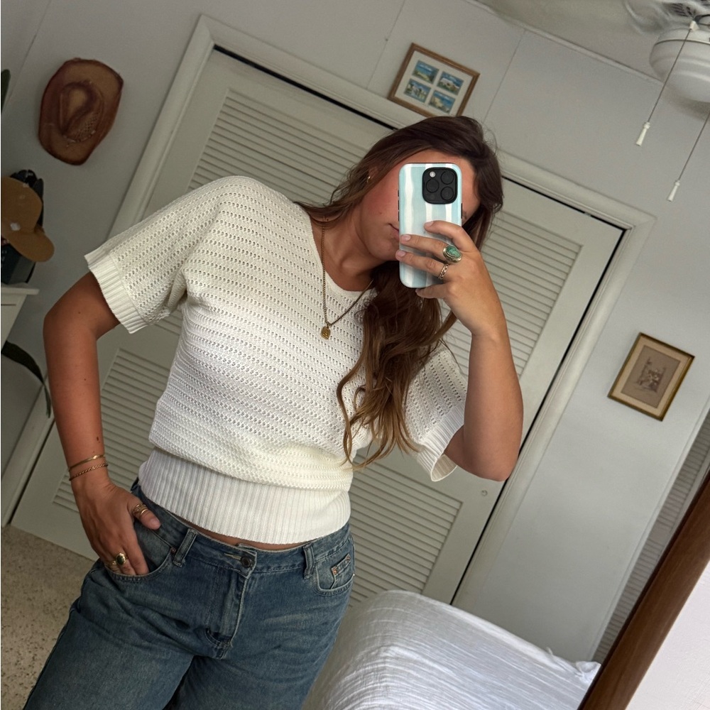 Van Heusen Cream Open-Knit Short Sleeve Top